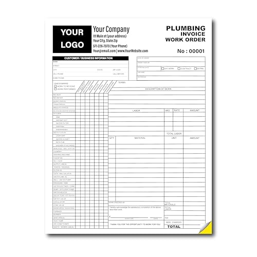 Plumbing Company Work Order Invoice Custom Printed with Your Company Information – Plumber Repair Agreement, Plumbing Repairman – 2 Part NCR Form