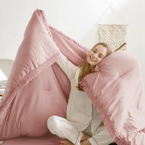 Image of Andency Pink Comforter Set Full Size for Girls, Blush Boho Women Tassel Lightweight Bedding Comforter Sets, 3 Pieces All Season Soft Fluffy Fringe Bed Set (79x90In Comforter & 2 Pillowcases)