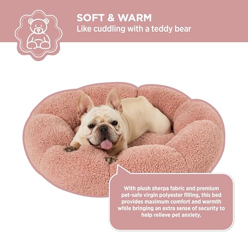 lesure calming medium dog bed - flower donut round fluffy puppy bed in plush teddy sherpa non-slip cute flower cat beds for indoor cats medium pet bed fits up to 45 lbs machine washable pink 3034