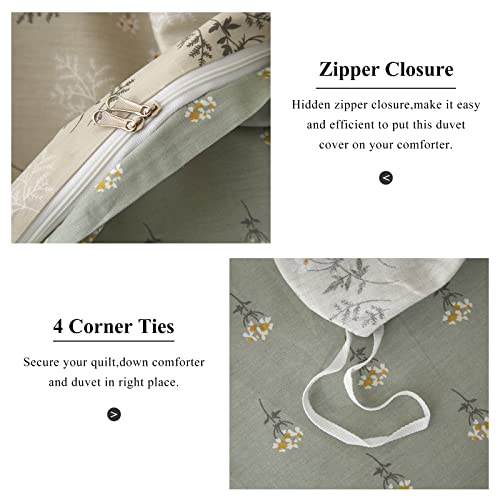 Vclife Cotton 3 Pieces Duvet Cover Sets, King Woman Man Bedding Sets, Garden Style White Beige Sage Green Floral Branches Pattern Comforter Sets, Hotel Quality All Season Duvet Cover Sets King #TOP2