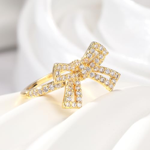 Gold Bow Ring for Women 14K Gold Plated Cubic Zirconia Bow Knot Ring Elegant Bowknot Statement Ring CZ Bow Tie Ring Ribbon Wedding Anniversary Engagement Party Trendy Jewelry Gift for Her, Size 94