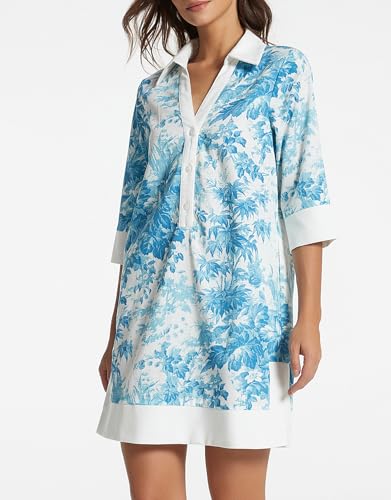 Image of Kedera Women Button Shirt Dress V Neck Short Sleeves Summer Casual Work Shift Tunic Dress with Pockets