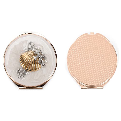 Cottage Garden Hand Painted Golden Metal Enamel Ornamental Vintage Hinged Lid Personal Makeup Beauty Double Sided Compact Mirror With Bejeweled Crystals, Golden Sea Shell #TOP2