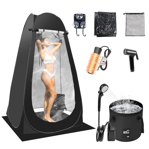 Carpa portátil para ducha caliente de camping, tienda de privacidad pop-up con ducha recargable y calentador de agua por inmersión de 2000w
