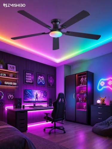 Image of ZMISHIBO 60 Inch RGB Ceiling Fan with Light, Remote&App Control,Flush Mount | Low Profile, Dimmable 20W LED Light, Quiet Reversible Motor, Strong Airflow, Easy Install for Bedroom /Living Room /Apt, Black