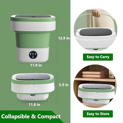 Image of 15L Mini Portable Washing Machine, Collapsible Washer with 3 Cleaning Modes for Underwear, Baby Clothes, Small Foldable Laundry for Travel Apartment Home Dorm Hotel Camping (White Green)