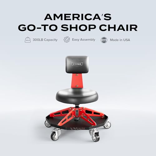 Vyper Robust Steel Sport Shop Chair for Mechanics, Automotive, DIY - Made in USA - 300 lb Capacity Garage Stool with Backrest & Large Wheels (Black Seat, Red Frame)
