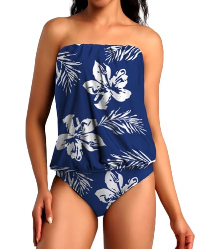 Chenghe Traje de baño tankini de dos piezas para mujer, blusa suelta con parte inferior de bikini y control de abdomen, Flor azul, XXXL