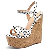 AUMOTED Wedge Platform Sandals for Women Peep Toe Heeled Sandals Ankle Srap Patry Summer Wedge High Heels 5.5 Inch Patent Polka Dot US Size 10.5