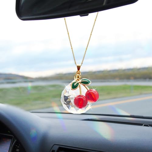 HABNVUON - HABNVUON Cute Cherry Car Charms Rear View Mirror Accessories with Crystal Suncatcher Prisms, Car Mirror Hanging Accessories, Cherry Car Decor for Women, Cherry Car Hanging Ornament for Car Home Office