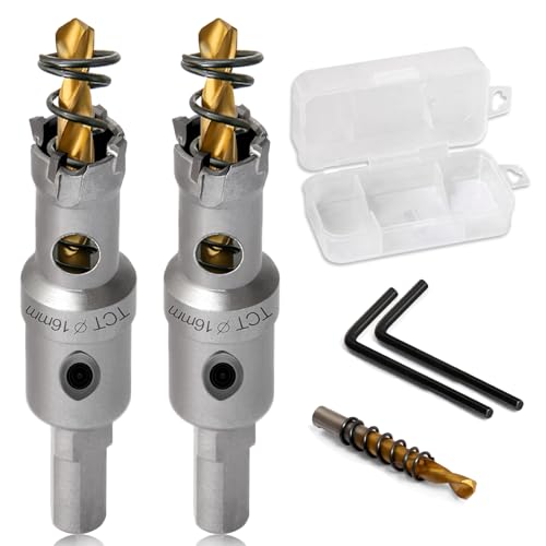 Josaton TCT Carbide Hole Saw for Hard Metal, 16mm Hole Cutter with Titanium-Plated Pilot Drill Bit for Stainless Steel, Iron, Aluminium, Plastics (2Pcs)