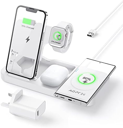 AGPTEK 4 in 1 Wireless Charging Station, 15W Foldable Wireless Charger Compatible with iPhone 13/13 Pro Max/12/12 Pro Max/11/X/XS Max/8, Apple Watch 4/5/6/7/SE, AirPods 2/3/Pro, with 30W PD Adapter