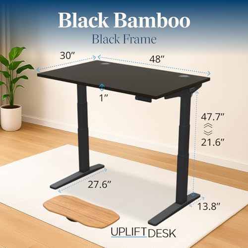 Image of UPLIFTDESK Black Bamboo (48 x 30 inch) Standing Desk 2-Leg V3 Adjustable Stand Up C-Frame (Black), Advanced Keypad, Wire Grommets, Wire Tray, Rocker Board