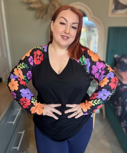 Image of TIYOMI Plus Size Tops for Women Raglan Long Sleeve V Neck T Shirts Casual Color Block Leopard /Floral Tops Winter Tee Shirt