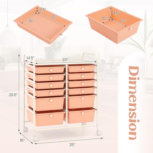 Image of LDAILY 12 Drawer Rolling Storage Cart, Craft Cart Organizer on Wheels w /Metal Frame, Large Capacity & Smooth Drawer, Rolling Cart w /Drawers for Classroom, Office