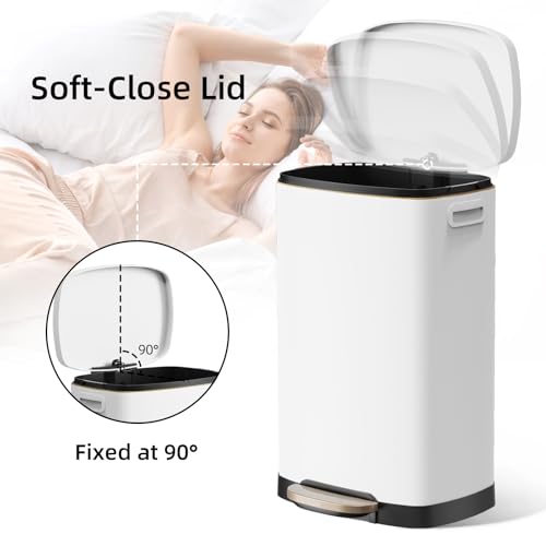 Image of KUK 13 Gallon Kitchen Trash Can with Lid, 50L /13Gal Office Step Garbage Can for Home, Kitchen, Laundry Room, Office, Brushed Stainless Steel, White