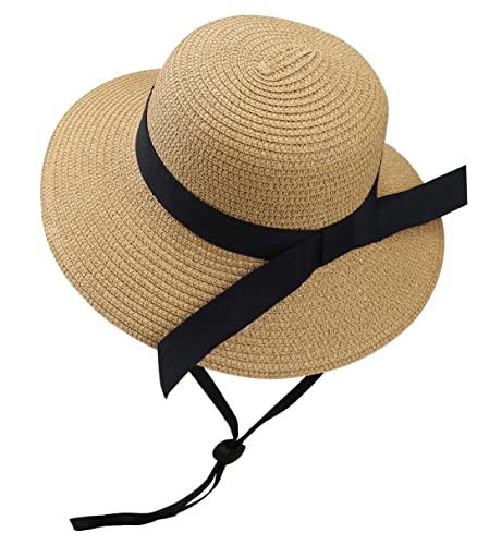 Girls Wide-Brim Straw Sun-Hat for Summer Beach with Bow