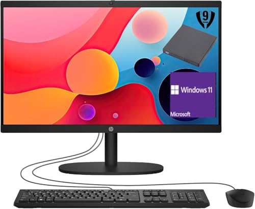 Image of HP 21.45 inch FHD All-in-One PC, Intel N200, 32GB DDR5, 2TB PCIe SSD, WiFi 6, Bluetooth, Windows 11 Home, Includes Wired Keyboard & Mouse + External 9H 6-in-1 DVD Drive, Black