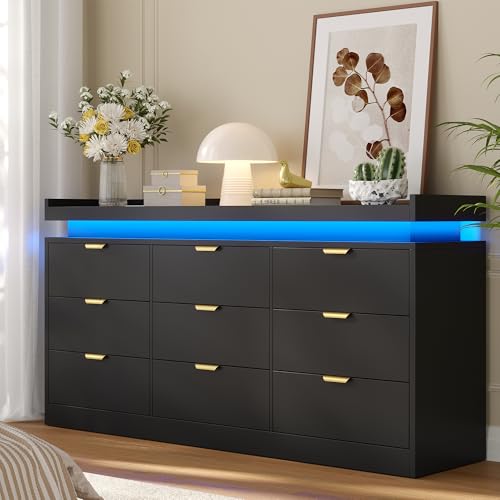 knoworld 9 Drawer Dresser for Bedroom, Black Dresser with LED