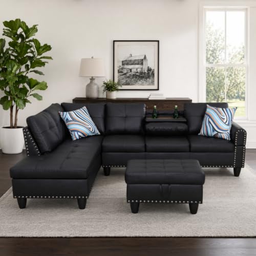 Trygoal Black Leather L Shaped Couch with Chaise & Cup Holder Sectional Sofas with Storage Ottoman for Living Room Small Space