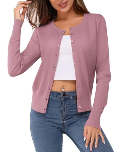 Image of Newshows Women's Solid Button Down Long Sleeve Classic Crew Neck Knit Cardigan Sweater(Light Purple,S)