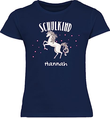 T-Shirt M&auml;dchen - Einschulung - Schulkind Pferd Pferdem&auml;dchen Schulanfang - 128 (7/8 Jahre) - Navy Blau - Shirt First Day of School Tshirt schulanf&auml;nger Pferde t-Shirts Einhorn