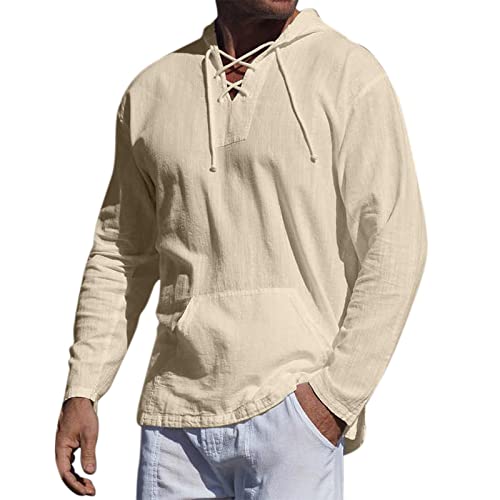 Miuersa Men Linen Long Sleeve Hooded Sweatshirts Pullovers Lightweight V-Neck Lace Up Casual Loose Hippie Shirts Hoodies Khaki #TOP1