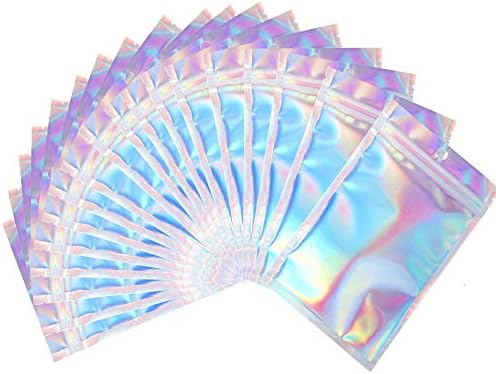 100 Pieces Mylar Ziplock Bags Resealable Smell Proof Bags Foil Pouch Bag Flat Ziplock Bag for Party Favor Food Storage- Holographic Color 7.5 x 12 cm