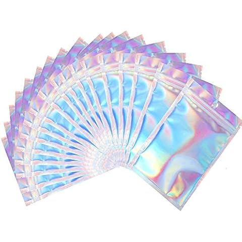100 Pieces Mylar Ziplock Bags, Resealable Smell Proof Bags Foil Pouch Bag Flat Ziplock Bag for Party Favor Food Storage- Holographic Color 7.5 x 12 cm Cover