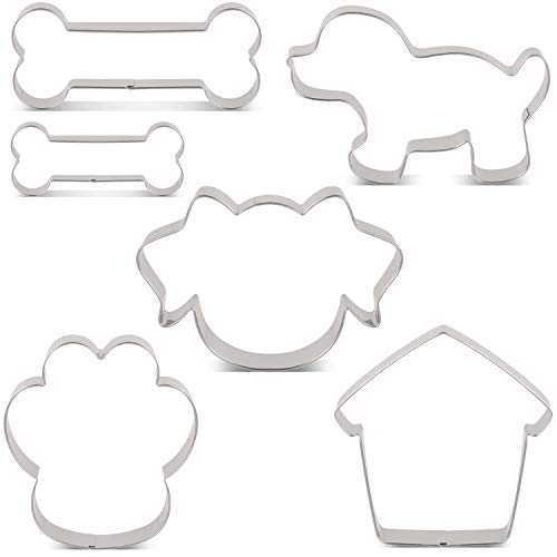 LILIAO Dog Cookie Cutter Set for Homemade Dog Biscuits Treats - 6 Piece - Dog Face, Dog Paw, Puppy, Dog House and Dog Bone (XL and M Size) - Stainless Steel