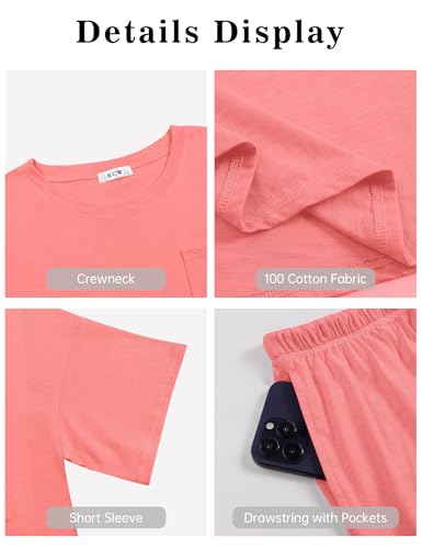 Image of KCW Pajamas for Women Set 2 Piece 100% Cotton Lounge Sets Short Sleeve Top and Shorts Pj Set Sleepwear Outfits