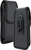 Pouch Case for Samsung Galaxy Z Fold 6 / Z Fold5 / Pixel 9 Pro Fold Phone, Nakedcellphone Vegan Leather Vertical Holster Holder Metal Clip and Secure Belt Harness with Stylus Pen Holder Slot - Black