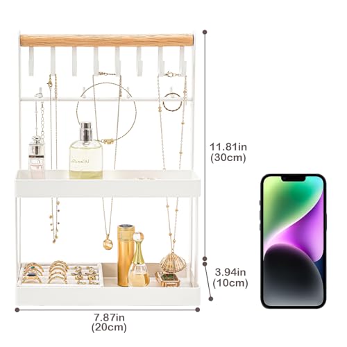 Lolalet 4-Tier Jewelry Organizer, Cute Necklace Holder Stand with 12 Hooks for Teen Girl Aesthetic Room Bedroom Decor -White