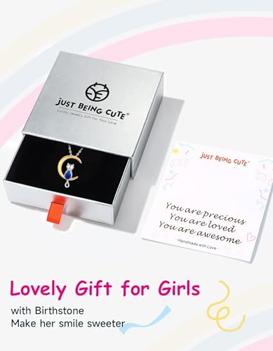 Birthstone Necklace for Women Girls, Cat Necklaces 925 Sterling Silver Teardrop Pendant 18K Gold-Plated Birthstone Jewelry Gifts for Birthday Easter2