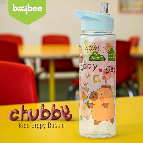 Image of BAYBEE 600 ML Chubby Drinking Water Bottle for Kids | Bpa Free Baby Sipper Bottle with Flip Straw & Carry Handle | Toddlers Leak Proof Sipper Water Bottle for Kids 1 to 12 Years Boys Girls (Green)