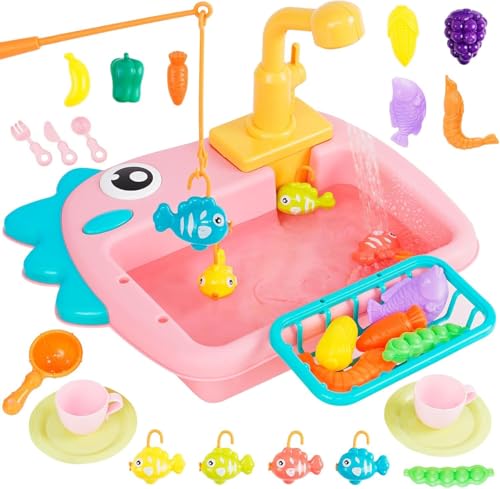 Fregadero de Juguete de Cocina con Agua Corriente, Juguetes de Pesca, Juguete de Cocina con Grifo Real, Pretenda el Juego de Roles Juguetes para niños, Regalo para Niñas y Niños, Rosa