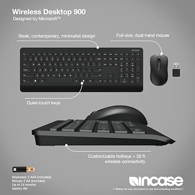 مجموعة لوحة مفاتيح وماوس Incase Wireless Desktop 900 - مصممة بواسطة Microsoft Quiet Touch Keys، تصميم مناسب للاستخدام باليدين اليمنى واليسرى، مفاتيح تشغيل سريعة قابلة للتخصيص، عمر بطارية يصل إلى عامين باللون الأسود