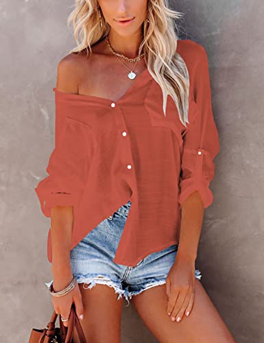 Image of Bsubseach Women Button Down Beach Shirt Long Sleeve Swimsuit Cover Up | Bathing Suit CoverUps Basic Lightweight Staple, Roll-Up Adjustable Sleeves, Drop Shoulder Oversized Blouse for Vacation
