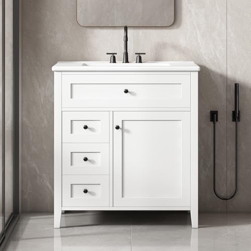 Image of 30 inch Bathroom Vanities with Top Set, Cabinet with Multi-Functional Tip-Out Drawer and Adjustable Shelf, Soft-Closing Door, Solid Wood Legs, White