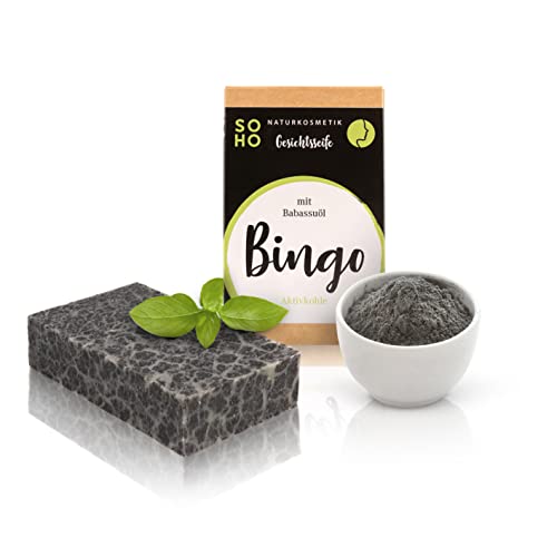 SOHO Naturkosmetik Gesichtsseife Bingo mit Aktivkohle • Schwarze Seife für Normale Haut • Vegane Gesichtsreinigung mit Sheabutter Cover