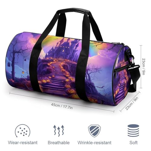 Halloween Pumpkins Haunted House Rainbows Sports Gym Bag Travel Duffel Workout Bag with Adjustable Strap2