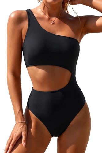 Yonique Women's One Piece Swimsuit- One Shoulder Bathing Suit Cutout Tummy Control Swimwear Black M