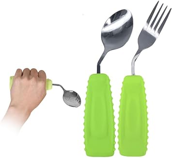 Adaptive Utensils Angled Spoon and Fork for Hand Tremors Parkinsons,Weighted Utensils with Non-Slip Easy Grip Handles for Independent Eating 1pcs Spoon+1pcs Fork=2 pcs,Green,Left Hand