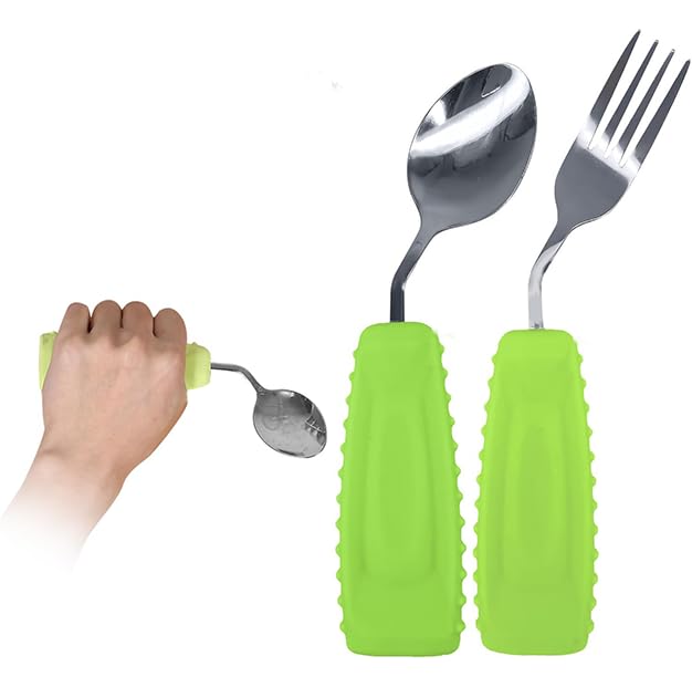 Image of Adaptive Utensils Angled Spoon and Fork for Hand Tremors Parkinsons,Weighted Utensils with Non-Slip Easy Grip Handles for Independent Eating (1pcs Spoon+1pcs Fork=2 pcs,Green,Left Hand)