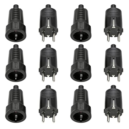 6 Paires Fiches Schuko Mâle et Prises Femelle 16A 250V, Connecteurs Électriques avec Protection et Anti-torsion, Fiches Secteur pour Câble Intérieur et...