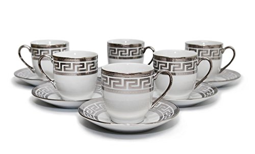 Royalty Porcelain 12pc Silver Miniature Coffee Set, 6 Silver-Plated Cups w/ Saucers, Greek