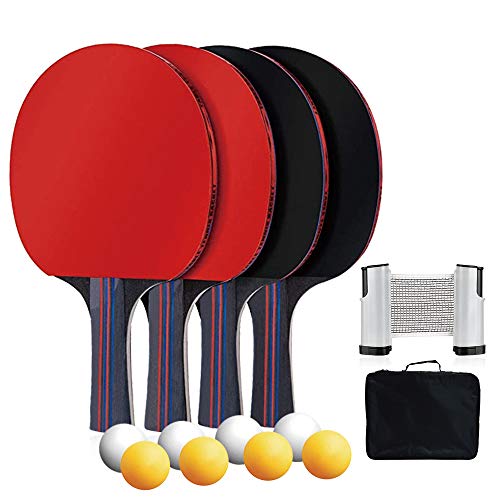 CLORIS Beetla Ping Pong Paddle Set,4 Player Table Tennis Sets with 4 Paddles,8 PCS Balls,Portable Storage Case, Retractable Net Attach to Any Table Surface,for All Ages