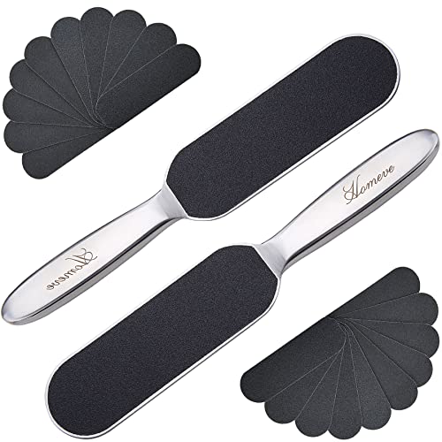 Homeve 2 Pieces Professional Pedicure Foot File - Reusable Stainless Steel Feet Rasp with 20 Replaceable Coarse-Fine Double Side Reusable Pads Cracked Skin Corns Callus Remover