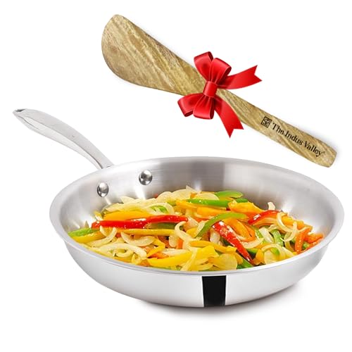 The Indus Valley Triply Stainless Steel Fry Pan with Free Wooden Spatula | Medium, 24cm/9.4 inch, 1.7Ltr, 1kg | Induction Friendly | Nonstick 3-Layer Body, 100% Pure & Toxin-Free, No Chemical Coating