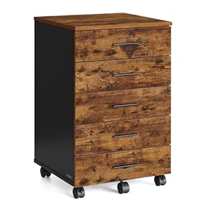 VASAGLE Rollcontainer, mobiler Aktenschrank, Schubladenschrank, Druckerständer mit 5 Schubladen, mit schraubenlosen Gleitschienen, für Büro, Homeoffice, vintagebraun OFC081KD02